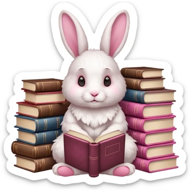 White rabbit sitting horizontally in a natural position on 4 legs, without a book.  There are 3 books nearby. books lie on top of each other  in brown tones

 sticker