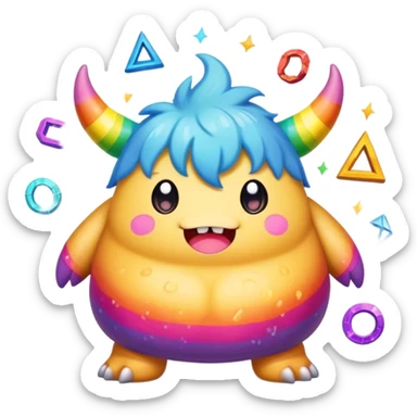Kawaii derpy fat rainbow monster surrounded by magic runes, rich textures, visually rich, so lifelike that it feels like it could leap off the page at any moment sticker