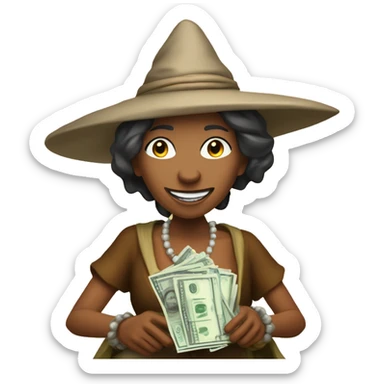 una bruja haciendo un hechizo salga un simbolo de dinero y texto gracias  gracias sticker
