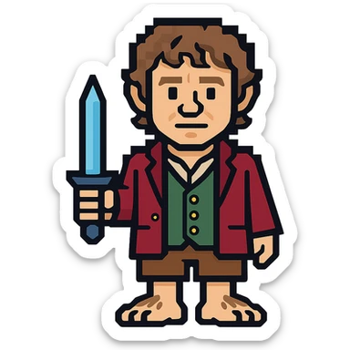 Whole body image of bilbo baggins from the hobbit movie in pixel art style. Bilbo is younger. Make Bilbo look like the actor that portrayed him in the movie, Martin Freeman. Bilbo is wearing the same red jacket, green vest, white undershirt, brown leather short pants, and hairy hobbit feet. He is holding a short sword that is glowing with a blue hue.  sticker