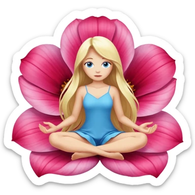 full body woman long blonde hair blue eyes white skin sitting inside giant flower bloom sticker