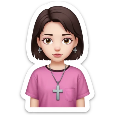 A girl with pale skin, a dark brown wolfcut,baggy pink shirt and cross earrings  sticker