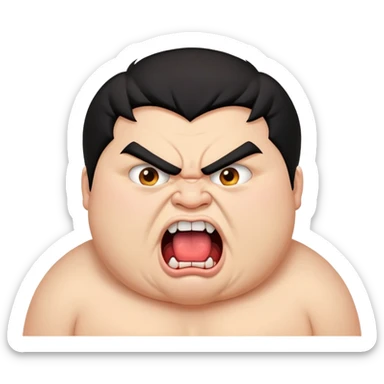 young angry fat man in profile view with black hair, fangs, crossed eyes, long tongue sticking out sticker
