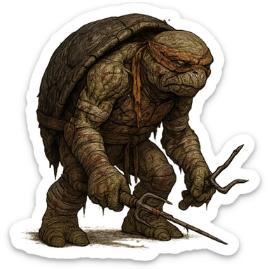 ancient ninja turtle, wrinkled and scarred, bandages, broken weapon, hunched posture, showing signs of a recent brutal battle sticker