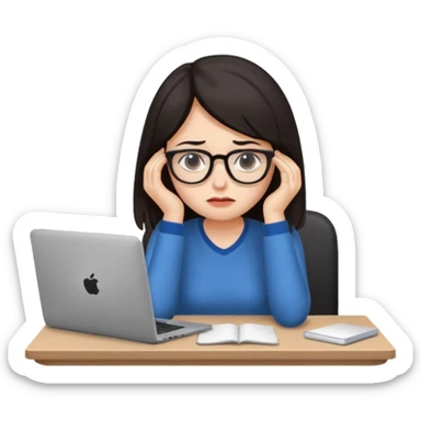  iOS emoji style - An sad and overwhelmed woman sitting at a desk with a laptop - She has dark hair. sticker