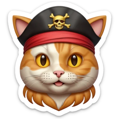 Premium 3D emoji icon of cat, pirate theme, high detail, glossy finish, claymorphism style, soft studio lighting, isolated on white background, 8k resolution, stylized professional look --v 6.0 sticker