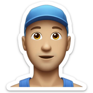 a bald man with blue eyes and a cap, kisses sticker