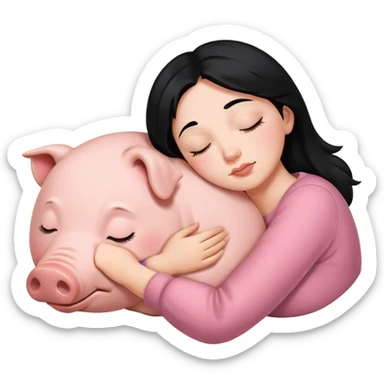 One Woman with Black hair is sleeping next to a pig sticker