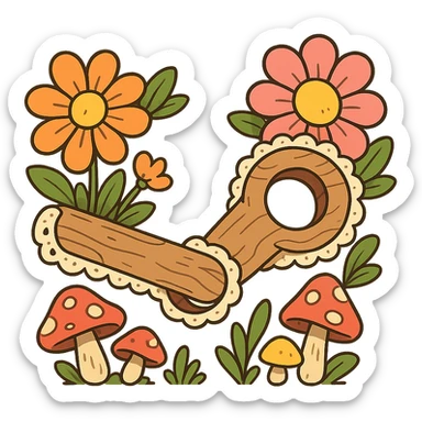 playful cottagecore Steam logo formed from puffy cartoon wood and lace, big colorful flowers and mushrooms, cheerful bright, no text sticker