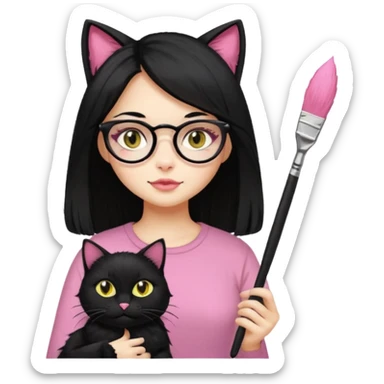 Painting women. smilling   Long black hair,  lunette peinture top pink, pinceau with is black cat  sticker