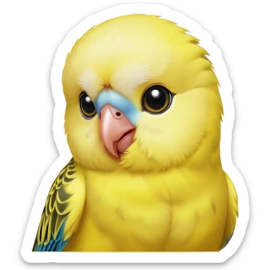 Cinematic Cute Yellow Budgie Portrait Emoji, Head tilted playfully and inquisitively, featuring a radiant yellow feathered fur with a natural sheen, round, sparkling dark eyes filled with curiosity, Simplified yet irresistibly adorable features, highly detailed, glowing with a warm, friendly glow, high shine, affectionate and lively, stylized with a touch of whimsy, bright and endearing, soft glowing outline, capturing the essence of a mischievous yet loving budgie, so playful it feels like it could chirp out of the screen and into your arms! sticker