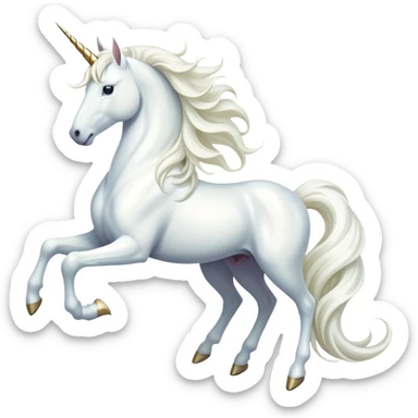 cinematic-noble-white-unicorn-full body-emoji,-poised-and-regal,-with-a-slender,-ethereal-form-draped-in-a-pristine-white-color,-a-flowing-mane-and-tail,-and-a-glistening,-spiraled-horn-that-radiates-pure-light,-simplified-yet-sharp-and-majestic, zoomed out to show a majestic unicorn sticker