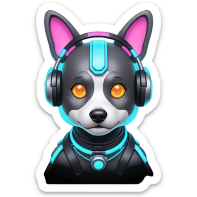 cute cyberpunk dog, futuristic headset, neon harness, glowing cyber implants, street punk vibe, 3D cartoon, mobile game icon style, clean background, no text, no watermark
 sticker