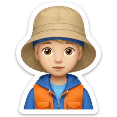 A little student with beige bucket hat, orange jacket, blue backpack sticker