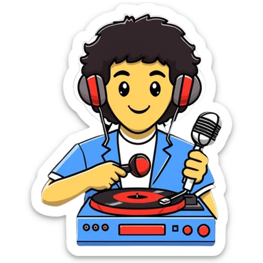 Nardwuar holding vinyl records and his signature microphone sticker