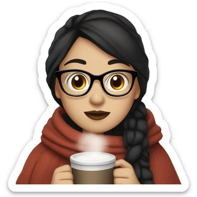 White girl with black hair with glasses wrapped in her blankets drinking hot cocoa sticker