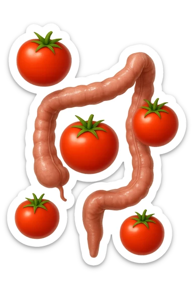 emoji stile iphone di pomodori che fluttuano in aria con colon attorcigliato intorno, iperrealistico 4k, isolato su sfondo bianco sticker