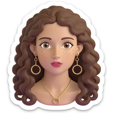 Attractive Greek woman with a wide face, freckles, long curly brown hair and gold hoop earrings sticker