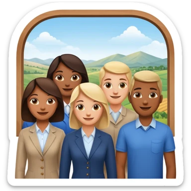 Employees of a startup company with a countryside view outside the window sticker