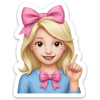 Chica sonriendo con un lazo rosa en la cabeza y mordiendose la punta del dedo indice con delicadeza y la otra mano que no salga sticker