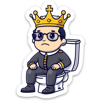 King Charles III with crown sitting on a toilet, wearing round glasses and black hair sticker
