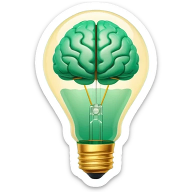 3D lightbulb icon with brain pattern inside, glowing softly, modern glossy style, deep green (#0B3D2C) base, gold (#C9B037) filament glow, cream (#F5F5DC) light, transparent background, premium render sticker