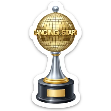 Tall Competition trophy with a silver disco ball on top that says “Dancing With The Stars” sticker