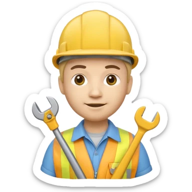Apple Memoji-style 3D emoji of an engineer wearing a yellow hardhat holding a wrench, soft shading, rounded shapes, no background.
 sticker