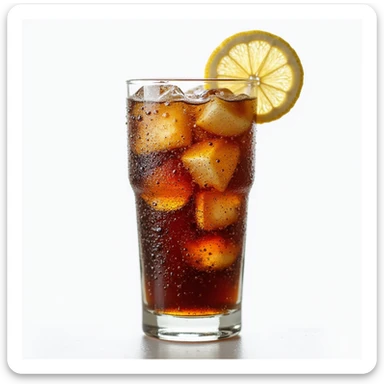 realistic glass of cola with ice, bubbles and lemon wedge, photorealistic style sticker