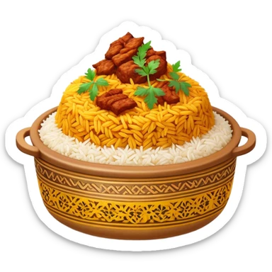 Cinematic Realistic Biryani Dish Emoji, depicted as aromatic basmati rice layered with spiced meat and herbs rendered with vibrant textures and warm, inviting lighting. sticker