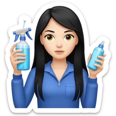 A white woman with long, straight black hair, holding a spray bottle in one hand and misting it toward her hair. sticker