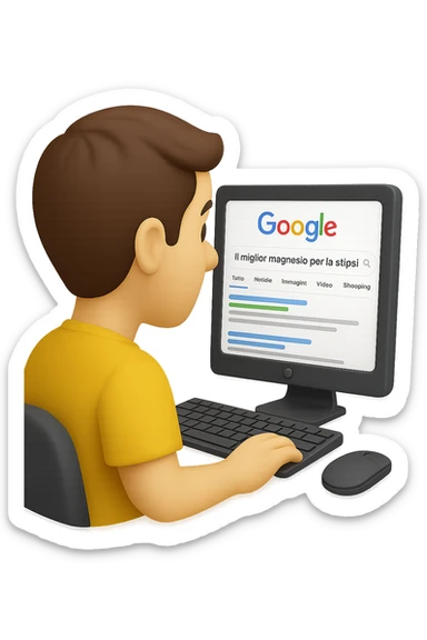 emoji stile iphone di un uomo davanti al pc che cerca di google: "Il miglior magnesio per la stipsi", iperrealistico 4k sticker