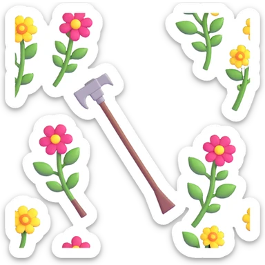 pixelated diamond pickaxe and block with flowers and vines, utopian Minecraft elements sticker