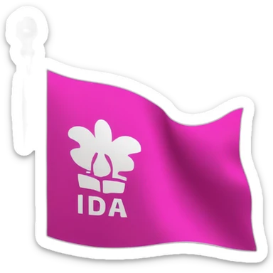 big fuchsia flag with white small word "idea" sticker