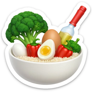 3D food emoji, glossy, smooth shapes, premium style,
broccoli, red bell pepper, rice bowl, chicken breast,
boiled eggs, vitamins bottle,
light warm background
 sticker
