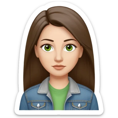 43 year old Adult woman avatar, light skin tone, long, oval face, long straight ashy brown hair, green almond-shaped eyes with dramatic eyelashes and minimal eyeliner, neutral mouth, medium straight eyebrows, small nose, smooth skin,  white t shirt, denim jacket sticker