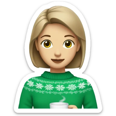 Light brown short haired girl with green eyes drinking coffee wearing blue Christmas sweater sticker