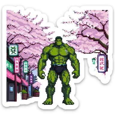 the Hulk standing in a Japanese city with cherry blossoms and neon signs sticker