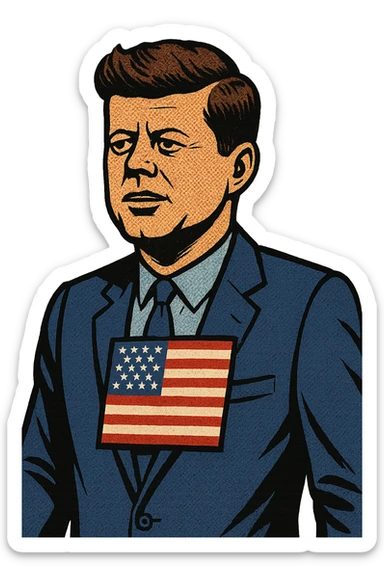 US President Kennedy wearing a blue suit, a light blue shirt with a large US flag badge on the chest sticker