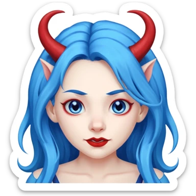 Female devil with long blue hair and horns,  cute face, half body sticker