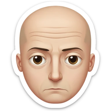 Steven Miller, bald, scowling expression, narrow rectangular head, bottom lip sticking out, eyelids almost closed and lower on the outside, dark circles around eyes sticker