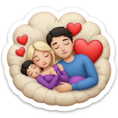 Sleeping romance couple. man has dark hair. woman is blonde. hearts around them. sticker