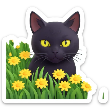 A black cat with bright, inquisitive yellow eyes peeking through a field of green grass dotted with yellow and white flowers sticker