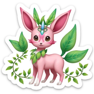 Rosy floral romantic cute Sylveon-Eevee-Celebi-Leafeon-Pokémon-Digimon-Fakémon-hybrid-fusion-creature with vines entangled around the legs and tail and neck sticker