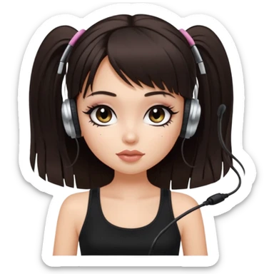 generate a pretty bratz girl in black cami top, dark brown straight long hair with bangs, eyeliner on, listeninh to music sticker