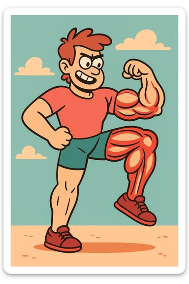 muscular left leg, stylized, exaggerated muscles, cartoon style, vibrant colors sticker