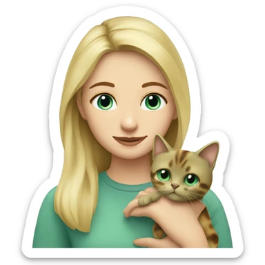 blonde girl with blue eyes wearing sage green holding tortoiseshell cat sticker