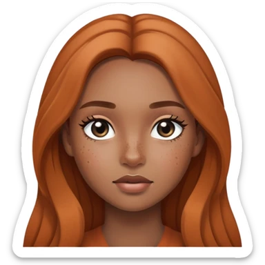 girl with long hair, black eyes, soft makeup, and freckles across her face sticker