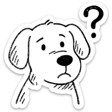 hand-drawn outline of a dog looking puzzled, question mark near face sticker