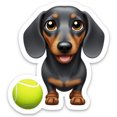 Dapple dachshund with brown eyes that carries a tennis ball sticker
